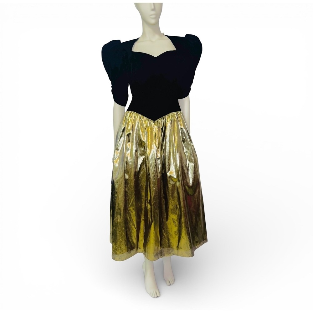 Jessica McClintock Spectacular 1980's Gold Lame and  Black Velvet Party Dress M